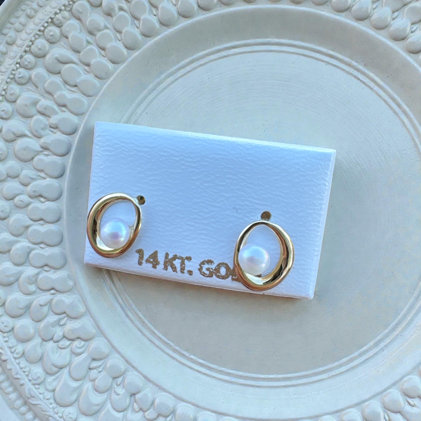 Oval Pearl Frame Earrings in 14K Gold