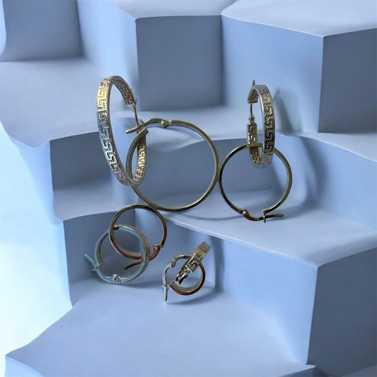 Greek Key Engraved Hoop Earrings in 10K Gold