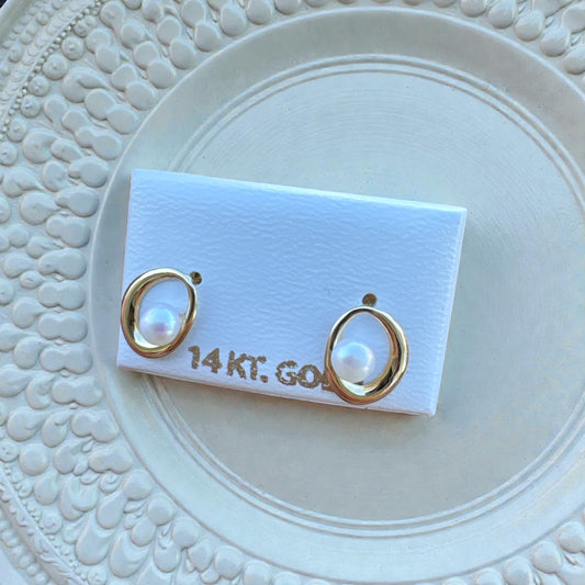 Oval Pearl Frame Earrings in 14K Gold