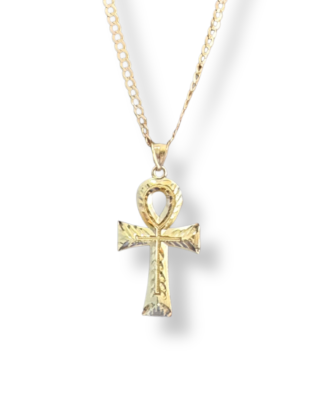 Diamond Cut Chain Necklace with Ankh Cross Pendant